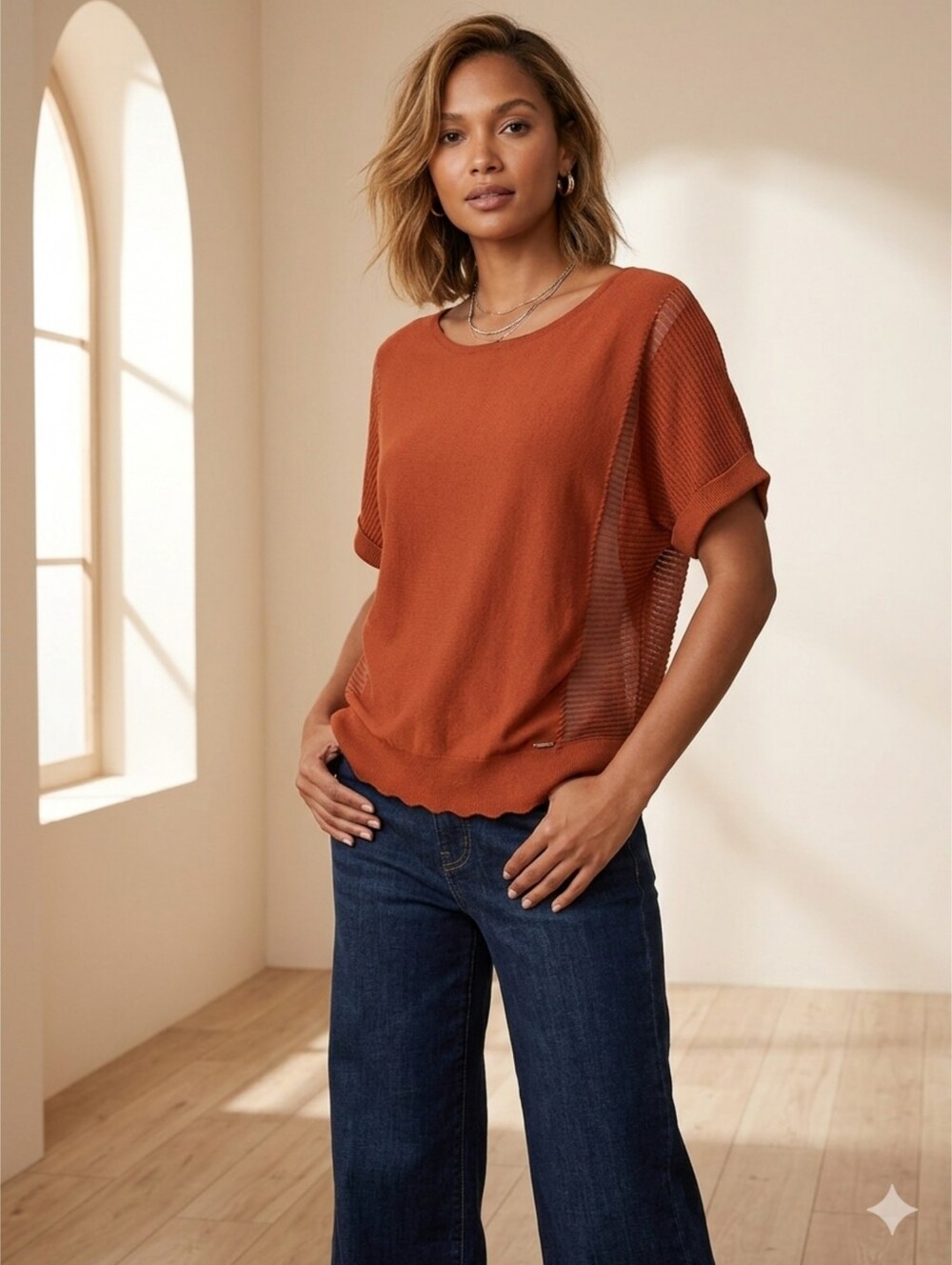 Calvin Klein Burnt Orange Dolman Short Sleeve Lightweight Knit Sweater Top